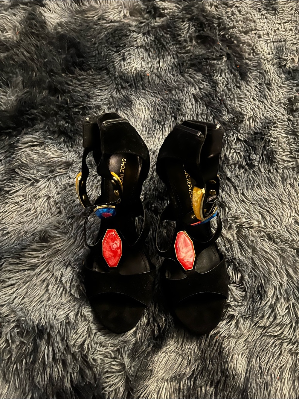 Shoe Republic LA Black Suede Gem-Embellished Peep Toe Heels - Picture 2 of 4